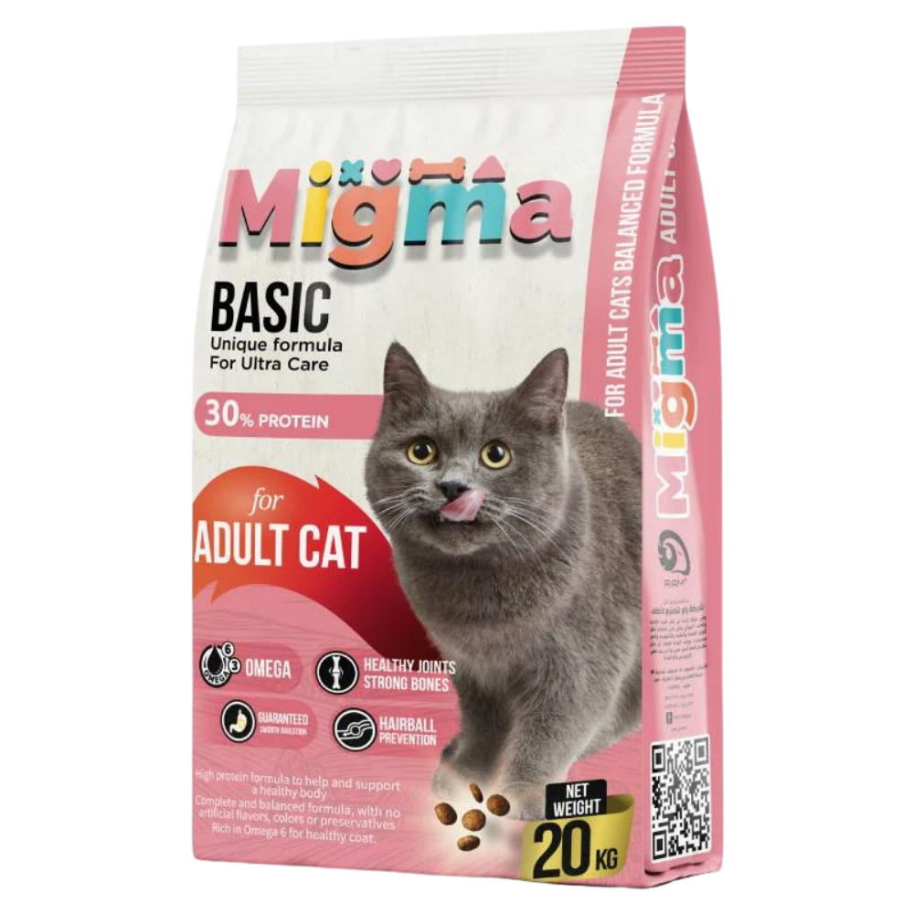 Migma Basic cat food package with a gray cat on a white background