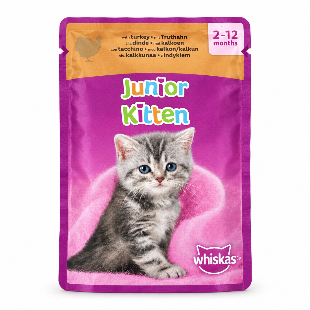 عبوة Whiskas Junior Kitten بالديك الرومي بخلفية بيضاء