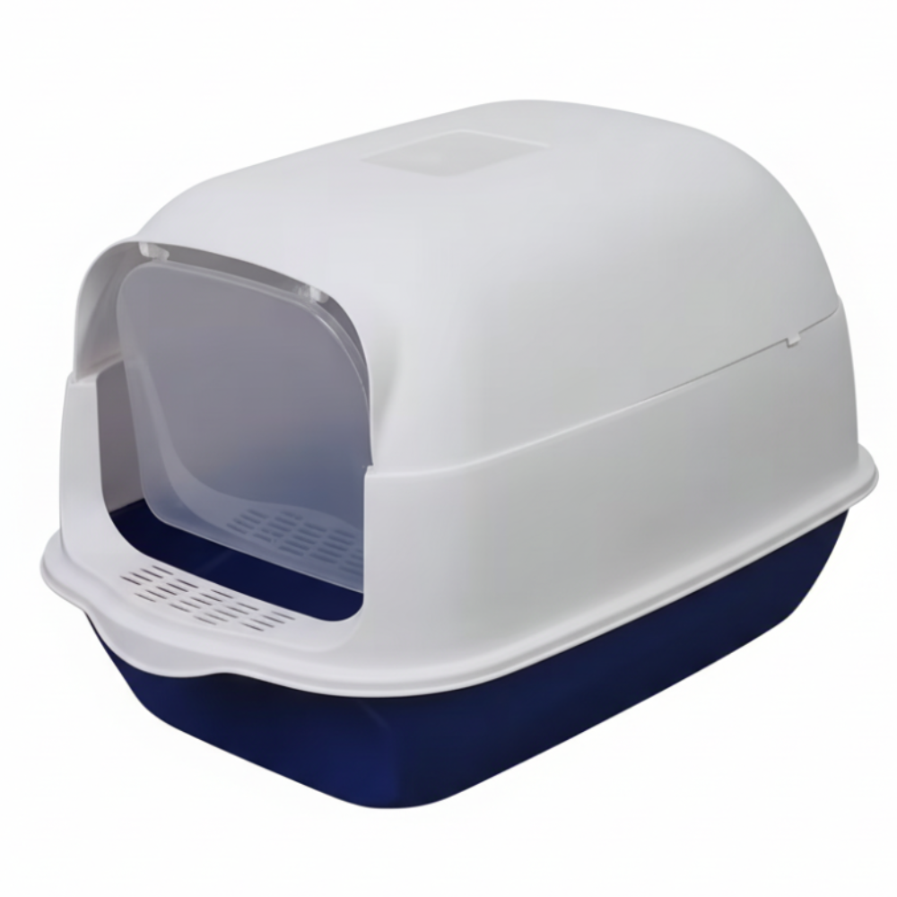 Pet litter box with a white top and blue base on a white background