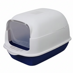 Pet litter box with a white top and blue base on a white background