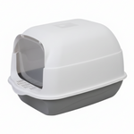 Pet litter box with a white top and gray base on a white background