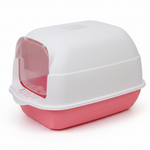 Pink and white pet litter box with transparent lid on a white background
