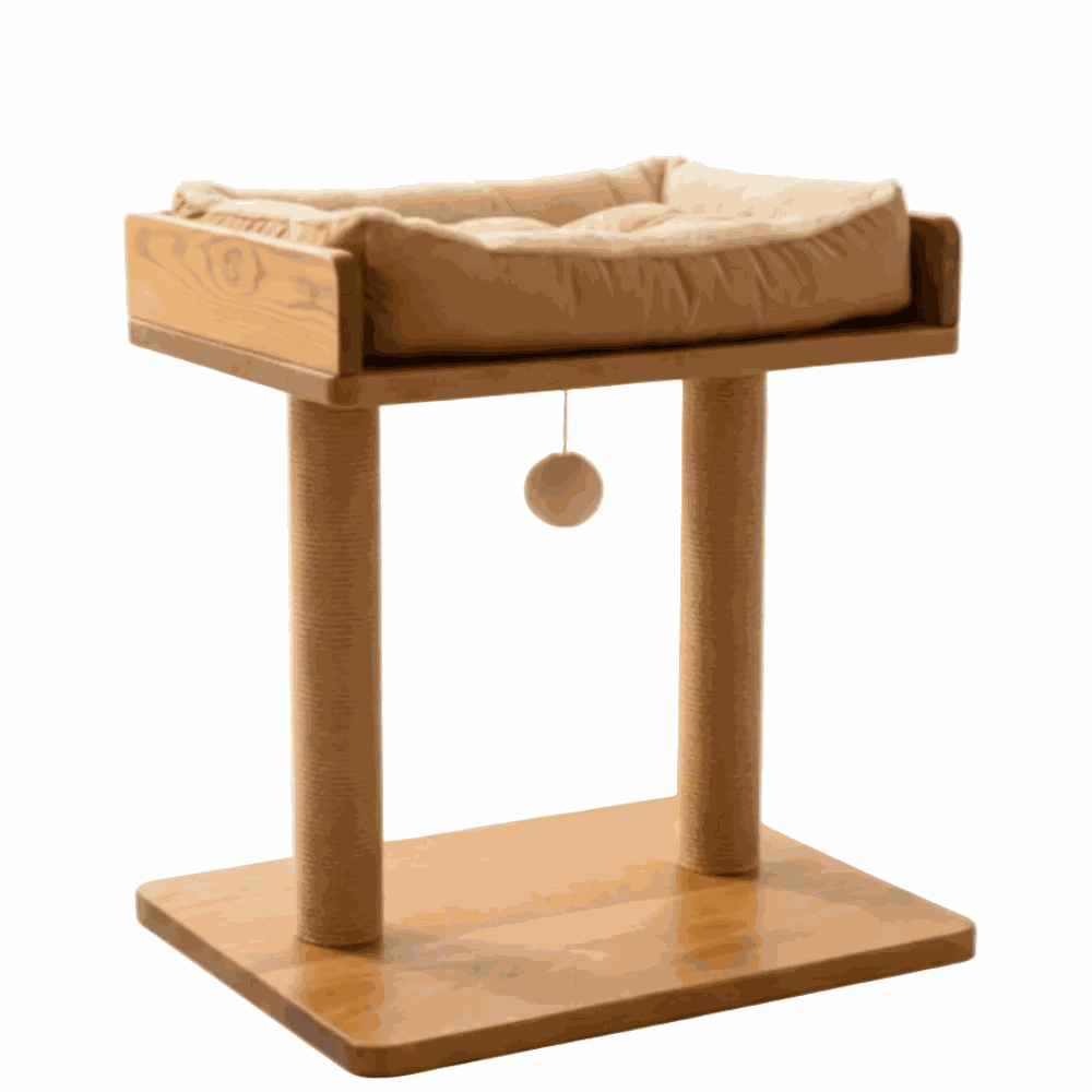 Wooden cat tree with a platform and hanging toy on a white background