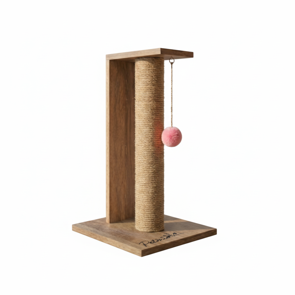 Wooden cat scratching post on white background