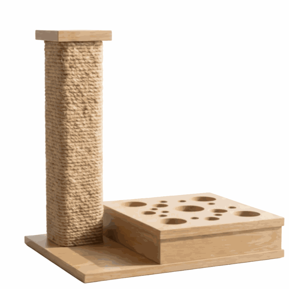 Wooden cat scratching post with puzzle box on white background