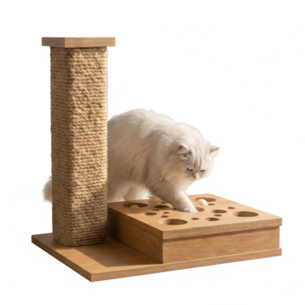 Wooden cat scratching post with white cat on white background