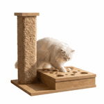 Wooden cat scratching post with white cat on white background