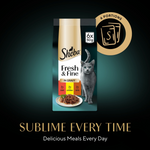 Sheba Fresh & Fine cat food package on a dark background