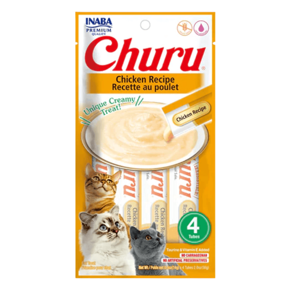 Churu cat treat package with chicken recipe on an orange background