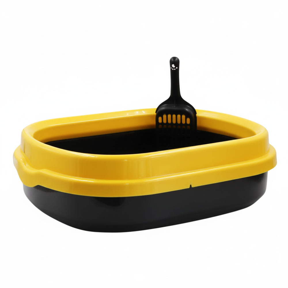 Yellow cat litter box on white background