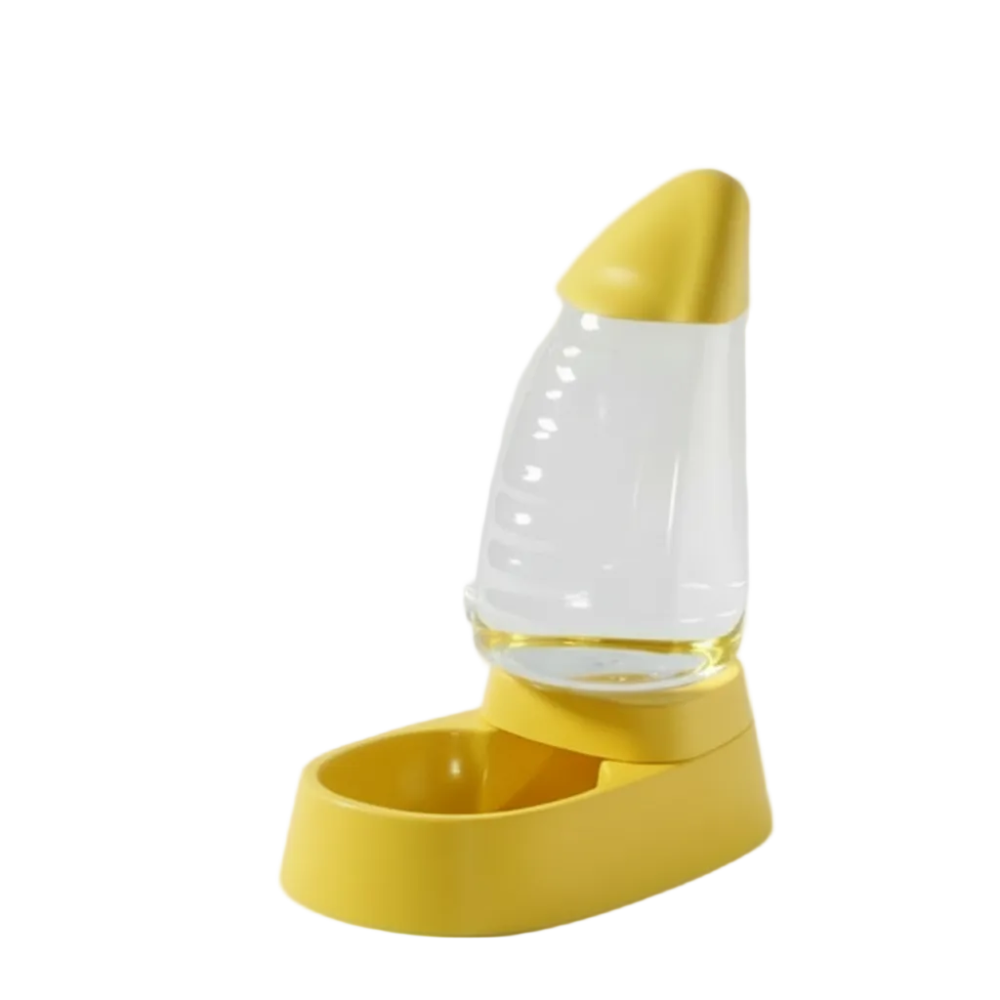 Yellow pet feeder on a white background with 'Orange Feeder' text.
