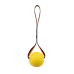 Yellow rubber disc with striped strap toy white background